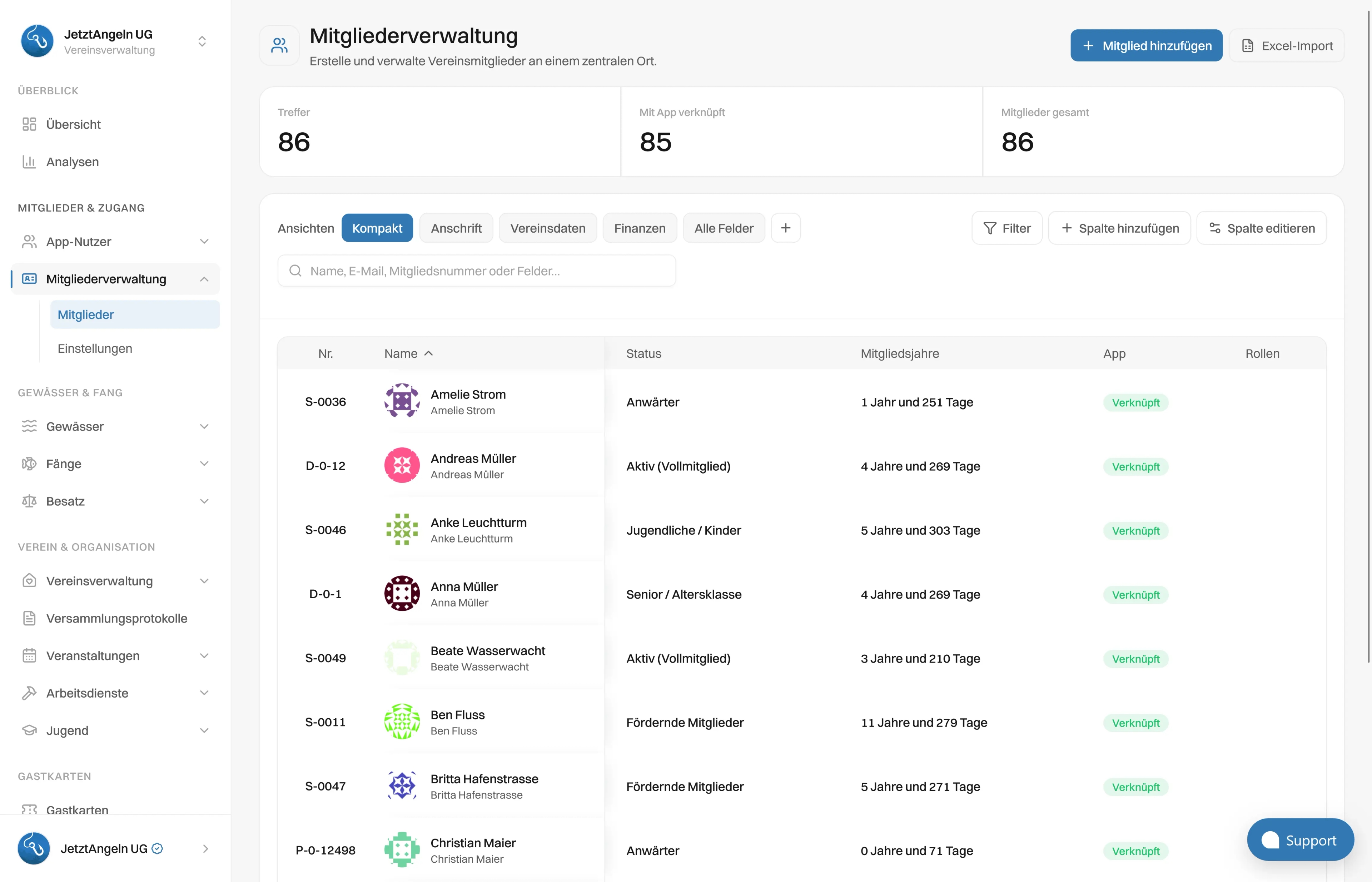 Mitgliederverwaltung im JetztAngeln-Dashboard