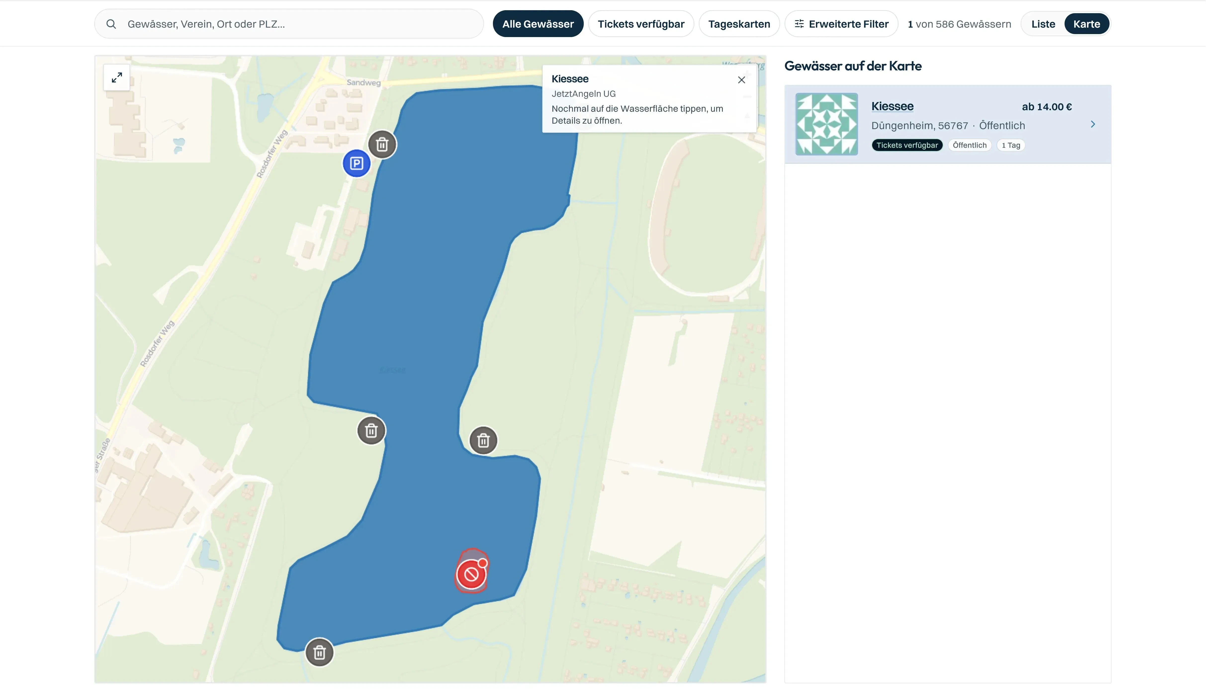 App-Screenshot: GPS-Karte mit Gewässergrenzen und wichtigen Stellen