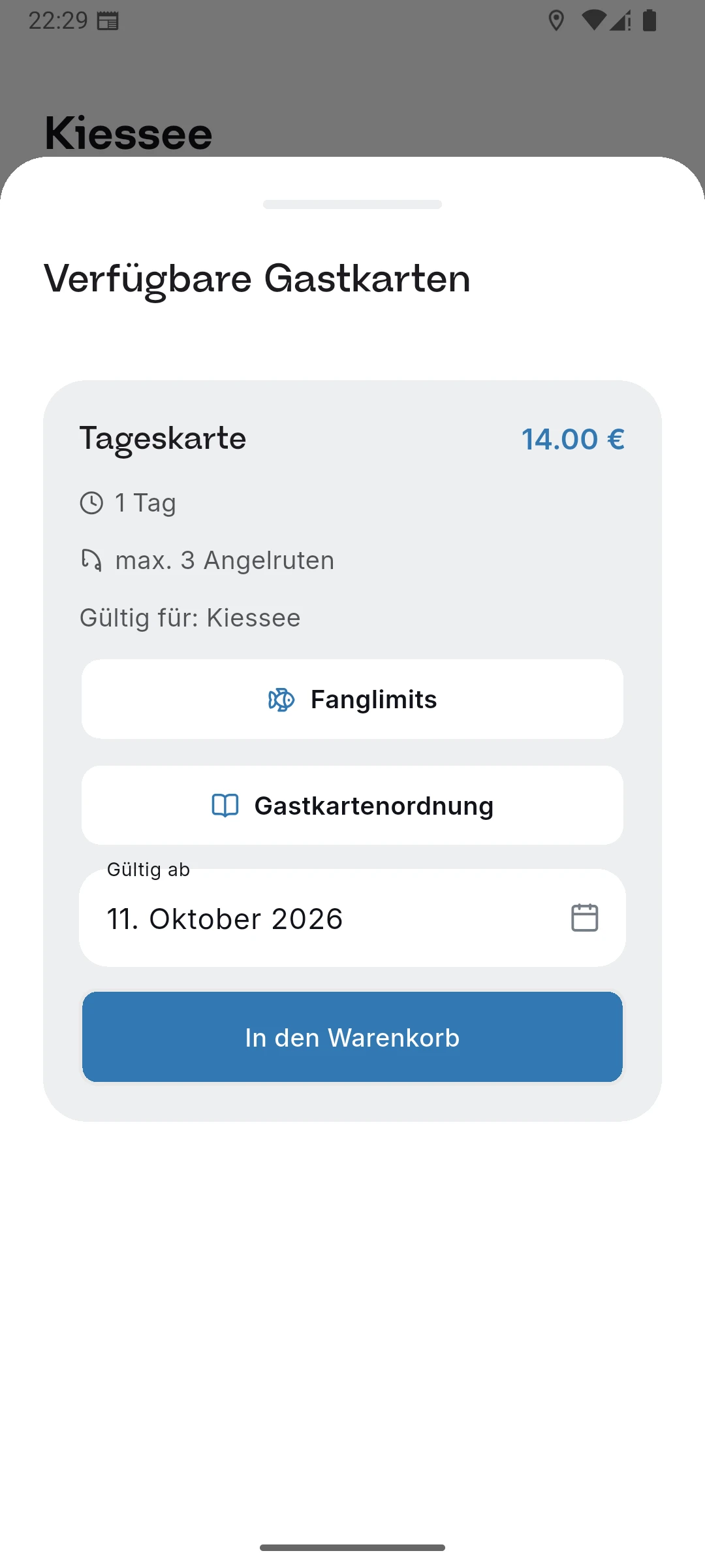 App-Screenshot: Gastkarten und Gewässer am Sonntagmorgen