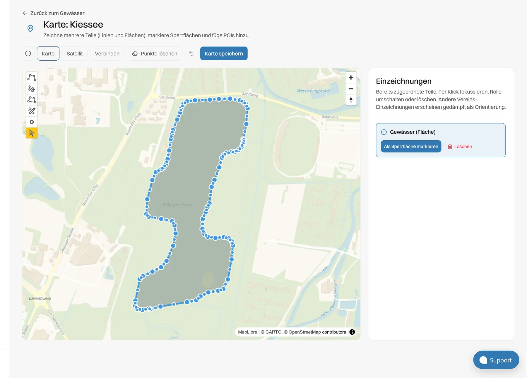 Karten-Editor: Gewässerfläche am Kiessee einzeichnen